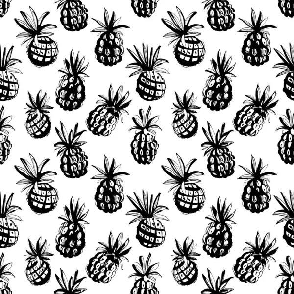 Tropical beach party seamless pineapple pattern background. Black white print — Stock Vector