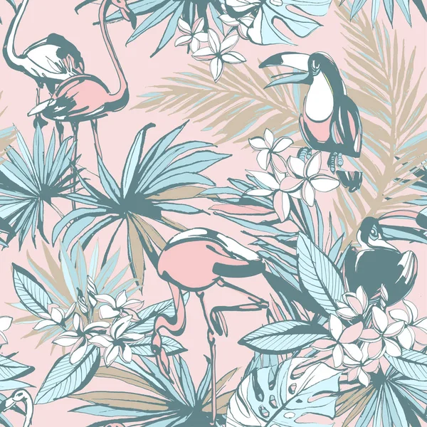 Ręcznie rysowane tropikalne bezszwowe atrament wzór liści palmowych flamingi. — Wektor stockowy
