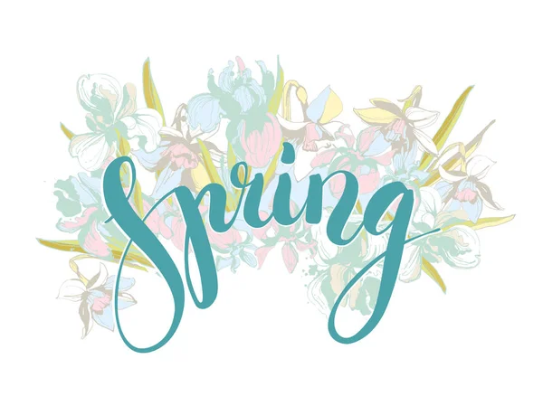 Vettore Bella lettering Primavera disegnato a mano fiori di sfondo floreale . — Vettoriale Stock