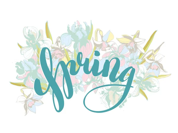 Vettore Bella lettering Primavera disegnato a mano fiori di sfondo floreale . — Vettoriale Stock