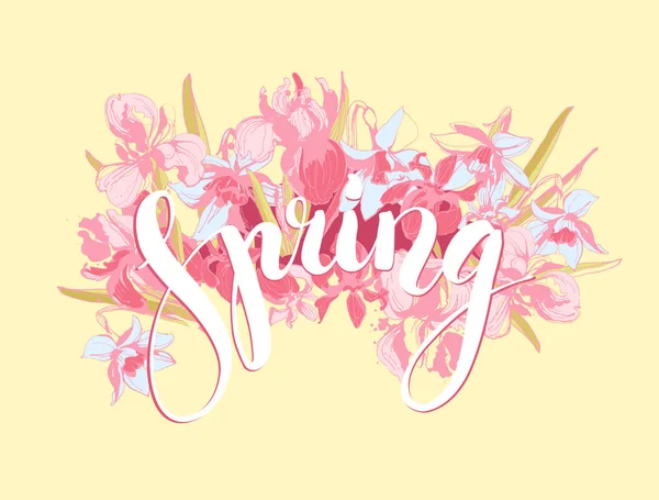 Vector Hermosa letra Primavera mano dibujado flores de fondo floral . — Vector de stock