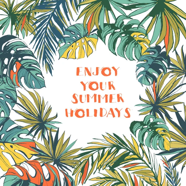 Tropisch geblümtes Sommerfest-Poster mit Palmen-Strandblättern. Colo — Stockvektor