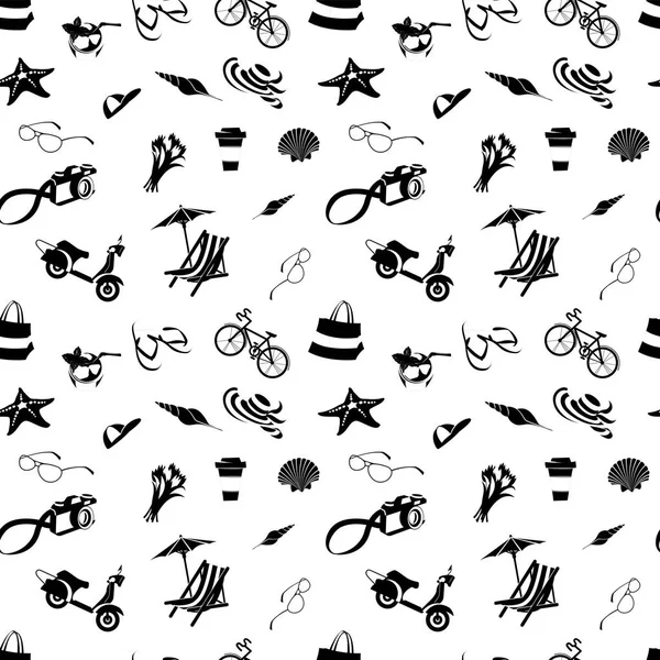 Summer beach tropical party seamless travel pattern. Black white icons — Stock Vector