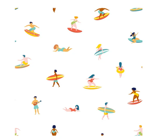 Surfen Männer Frauen Surfbretter fangen Wellen Meer Ozean. — Stockvektor