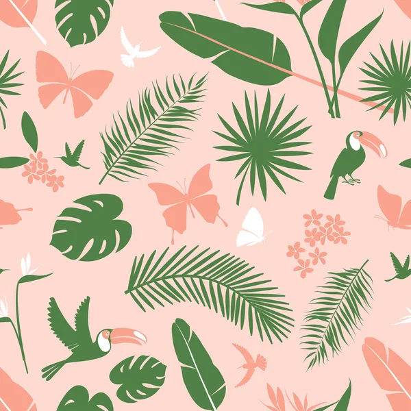 Bezszwowe kwiatowy wzór tła tropikalne kwiaty, palmy liści dżungli ptaków — Wektor stockowy