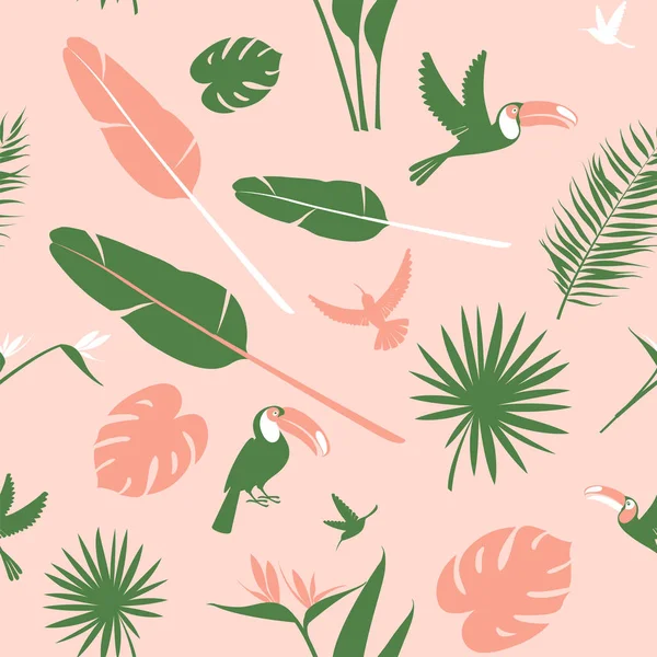 Motif floral sans couture fond Fleurs tropicales, feuilles de palmier jungle oiseaux — Image vectorielle
