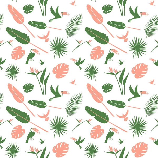 Fondo de patrón floral inconsútil Flores tropicales, hojas de palma de la selva pájaros — Vector de stock