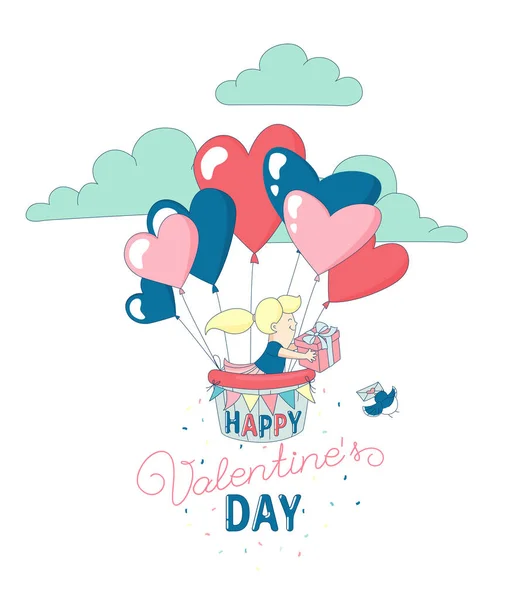 Glücklicher Valentinstag Grußkarte lustiges Mädchen, das Herzballons fliegen lässt — Stockvektor