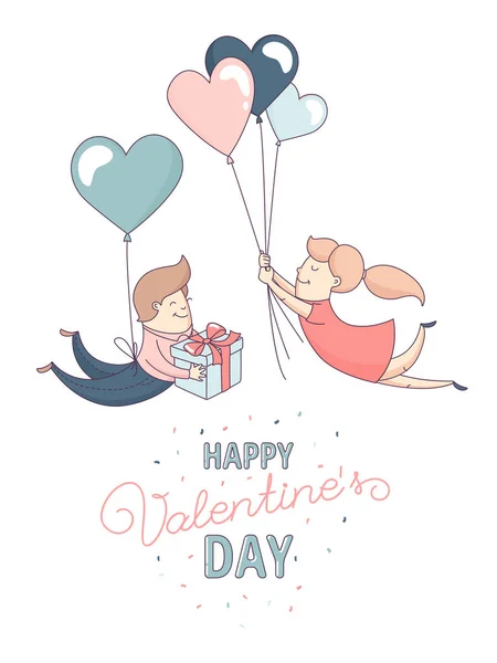 Happy Valentine's Day powitanie karty para miłość Latające balony serca. — Wektor stockowy