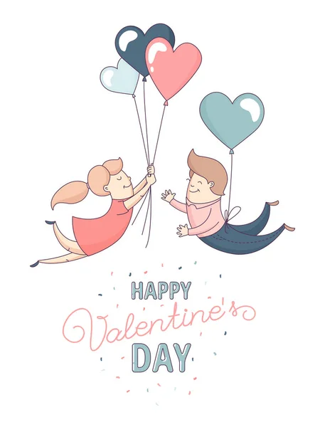 Happy Valentine's Day greeting card couple love flying heart balloons. — Stock Vector