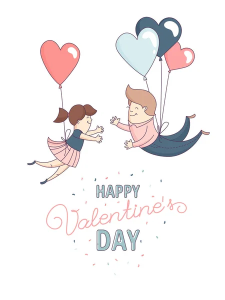 Feliz día de San Valentín tarjeta de felicitación pareja amor vuelo corazón globos . — Vector de stock