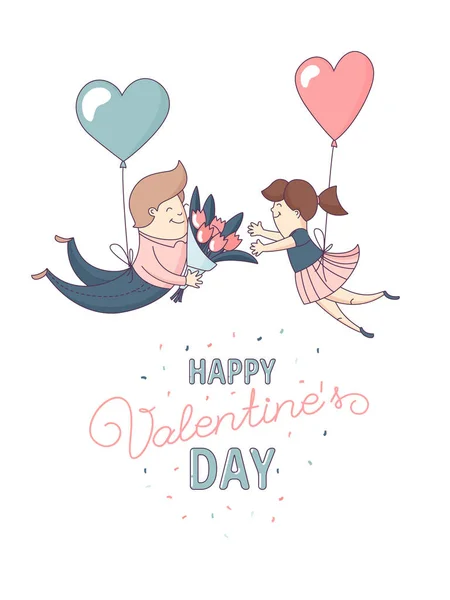 Mutlu Sevgililer Günü tebrik kartı çift uçan kalp balonları seviyorum. — Stok Vektör