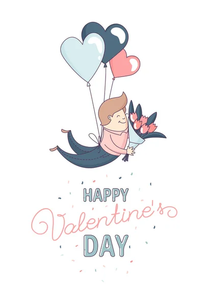 Glücklich Valentinstag Grußkarte männlichen Charakter fliegen Herz Ballon — Stockvektor