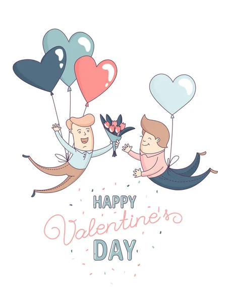 Feliz día de San Valentín tarjeta de felicitación homosexual macho pareja corazón globos — Vector de stock