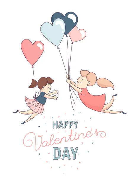 Happy Valentine's Day greeting card homosexual female couple heart balloons — Stock Vector