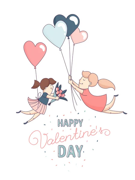 Feliz día de San Valentín tarjeta de felicitación homosexual pareja femenina globos del corazón — Vector de stock