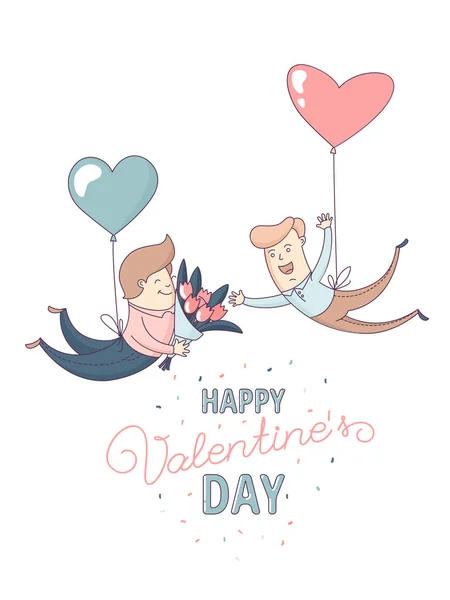 Happy Valentine's Day greeting card homosexual male couple heart balloons — Stock Vector