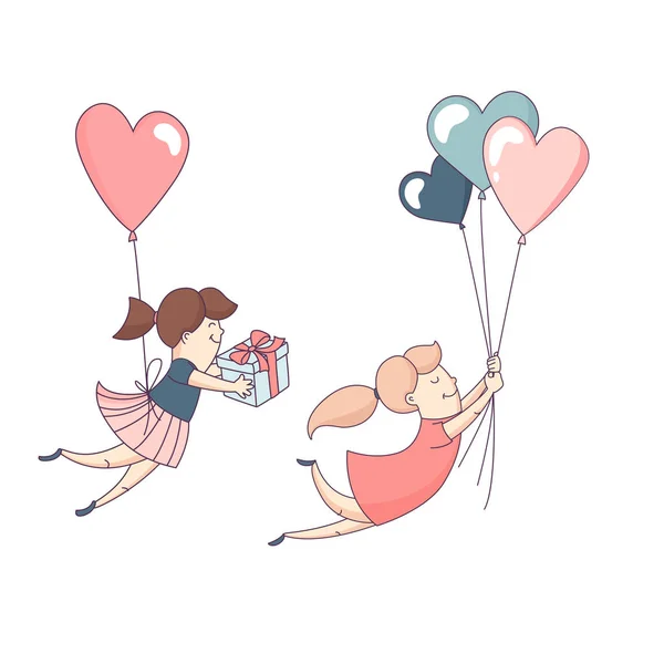 Feliz día de San Valentín conjunto personaje femenino vuelo corazón globo — Archivo Imágenes Vectoriales