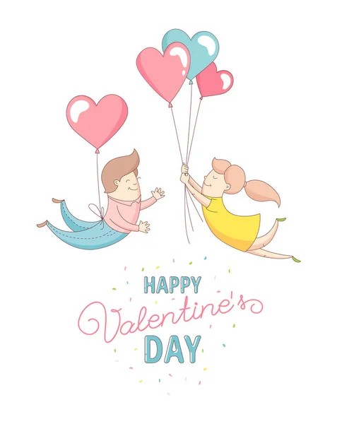 Happy Valentine's Day couple characters flying into each other's arms — Stock Vector