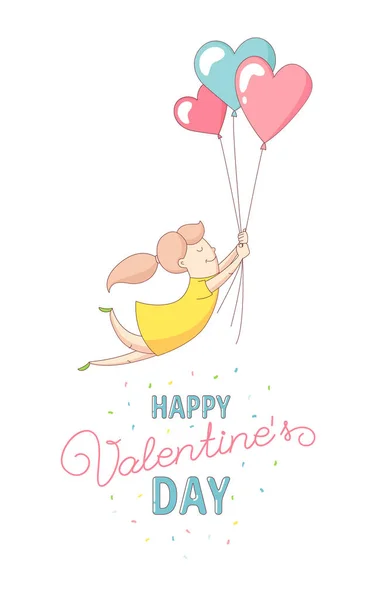 Happy Valentine's Day card woman flying with heart balloons — Stock Vector