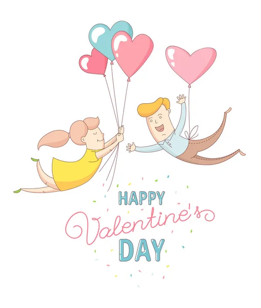 Happy Valentine's Day couple characters flying into each other's arms — Stock Vector