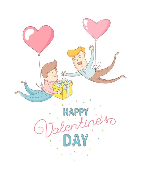 Gey men characters flying by heart balloons. Happy Valentine's Day. — Stock Vector