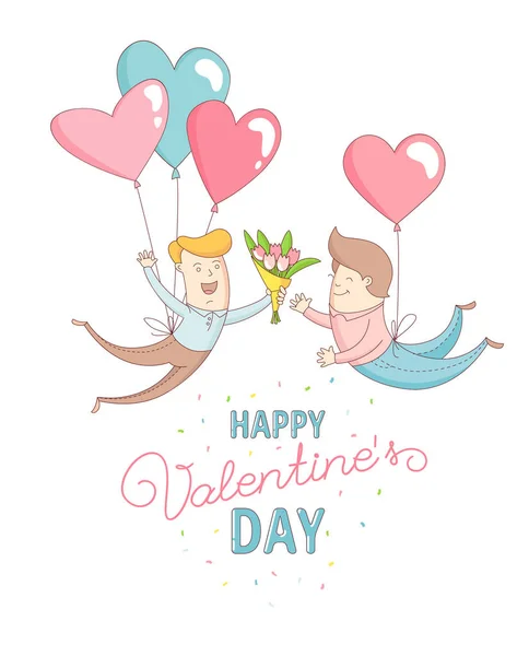 Gey men characters flying by heart balloons. Happy Valentine's Day. — Stock Vector