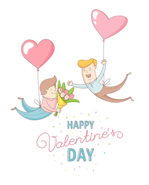 Gey men characters flying by heart balloons. Happy Valentine's Day. — Stock Vector