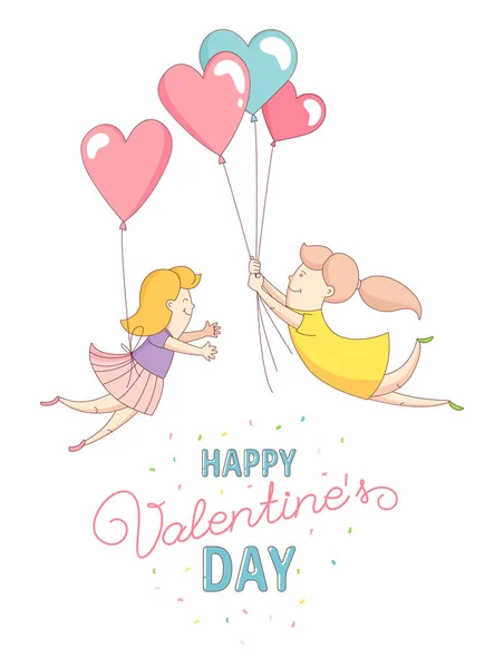 Gey women characters flying by heart balloons. Happy Valentine's Day. — Stock Vector