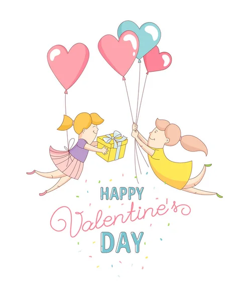 Gey women characters flying by heart balloons. Happy Valentine's Day. — Stock Vector