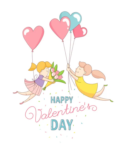 Personajes de mujeres Gey volando en globos cardíacos. Feliz día de San Valentín . — Vector de stock