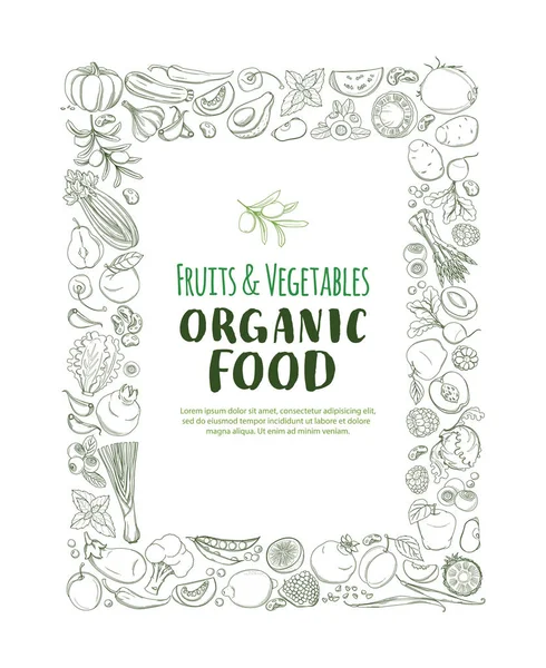 Restangle Frame patrón de borde granja orgánica frutas y verduras frescas — Archivo Imágenes Vectoriales
