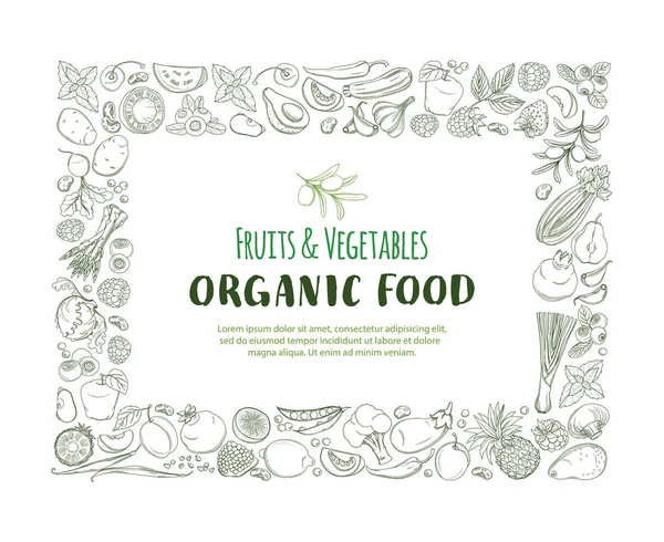 Restangle Frame patrón de borde granja orgánica frutas y verduras frescas — Archivo Imágenes Vectoriales