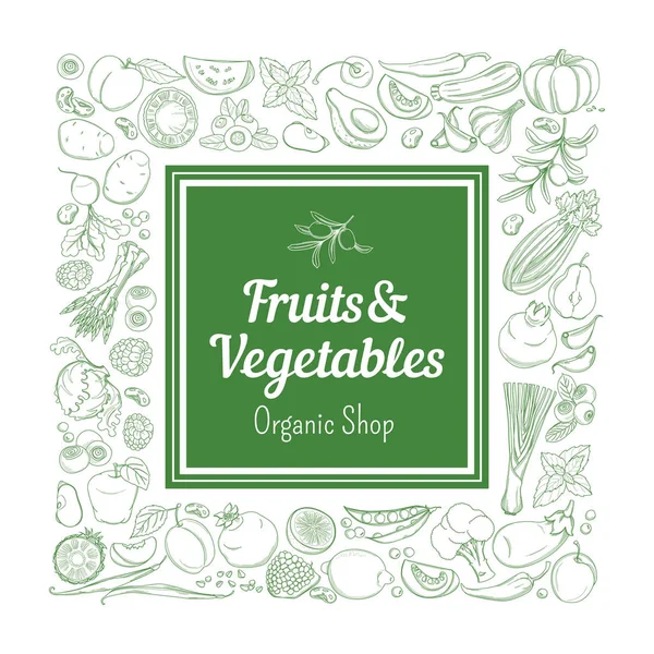 Marco borde fondo patrón verde frutas y verduras tropicales frescas — Vector de stock