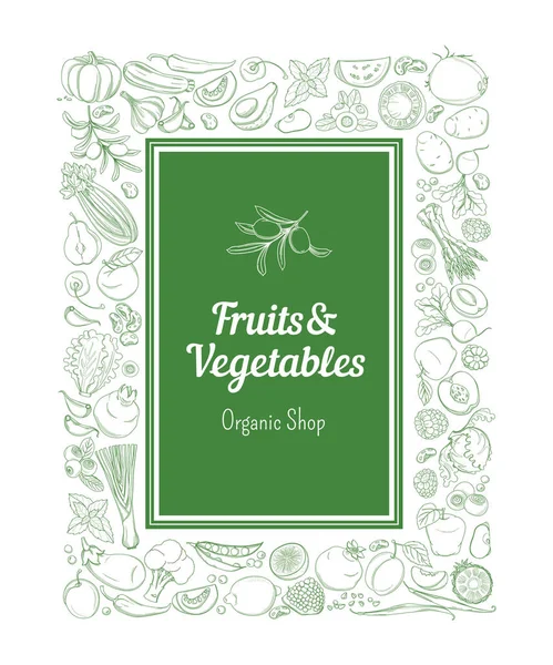 Cadre bordure arrière-plan vert fruits et légumes tropicaux frais — Image vectorielle