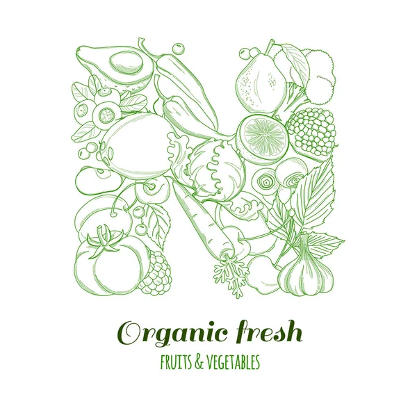 Carta N logotipo padrão fazenda orgânica frutas e legumes frescos — Vetor de Stock