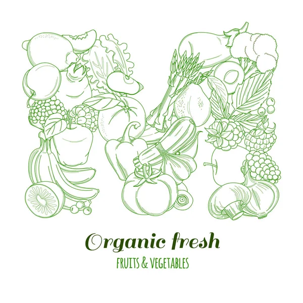 Γράμμα M μοτίβο λογότυπο βιολογικό αγρόκτημα φρέσκα φρούτα και λαχανικά — Διανυσματικό Αρχείο