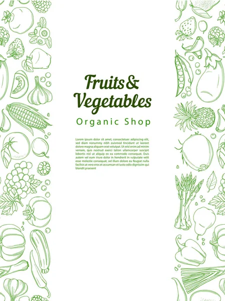 Marco borde fondo patrón verde frutas y verduras tropicales frescas — Vector de stock