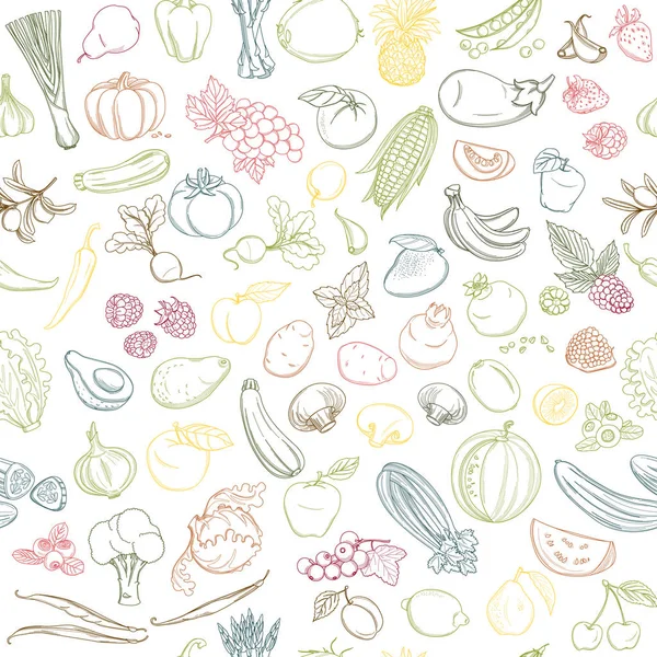 Seamless background pattern of organic farm fresh fruits and vegetables — Stock Vector