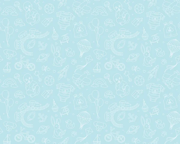 Newborn boy baby shower seamless doodle line pattern birthday party. — Stockvector