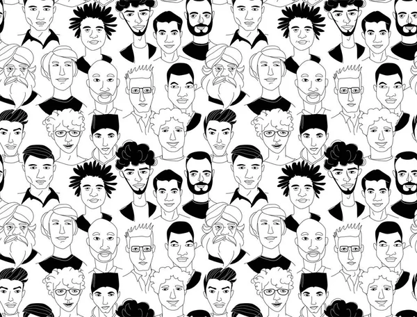 Tête des hommes sans couture motif fond grunge ligne dessin gribouille affiche — Image vectorielle