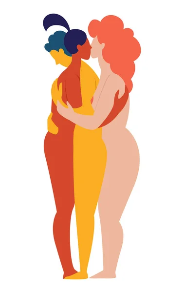 Γυναίκες και άνδρες polyamorist γκέι ομοφυλόφιλος λεσβία αγκαλιάζοντας φιλιά μαζί. — Διανυσματικό Αρχείο
