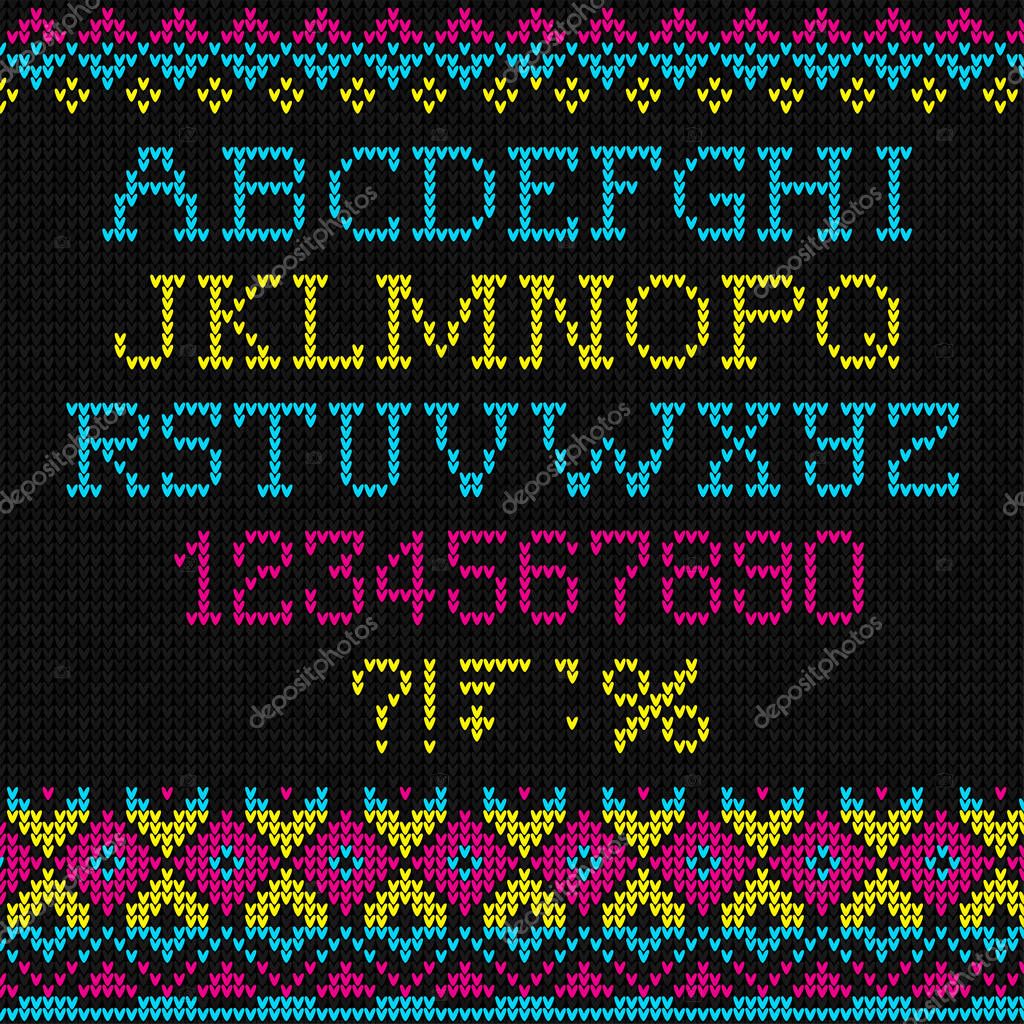 Ugly sweater Merry Christmas knit font alphabet numbers ornament. Vector illustration Knitted background seamless pattern scandinavian bright ornament. Black, pink, blue, yellow colored knitting