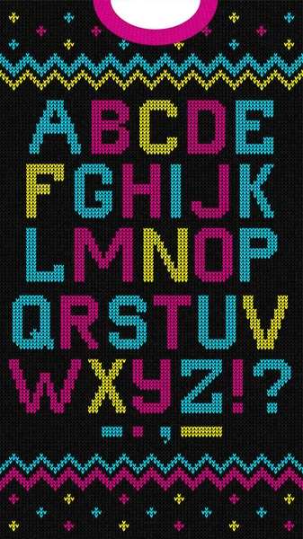 Hässlicher Pullover Frohe Weihnachten gestrickt Hintergrund Schrift Alphabet sc — Stockvektor