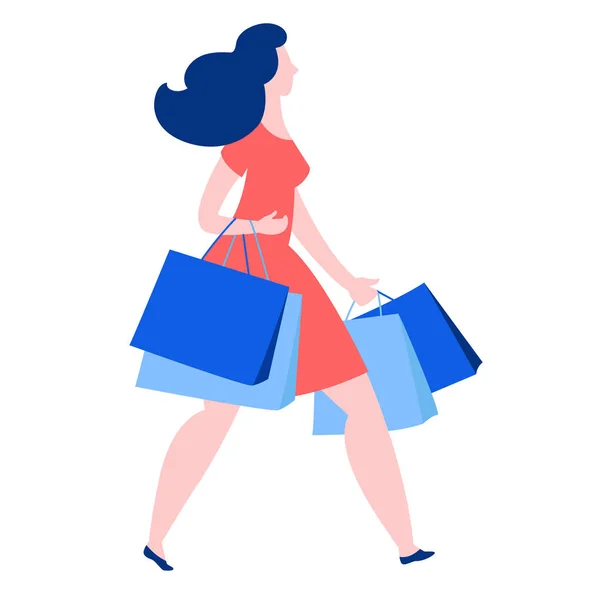 Mujer caminando con compra comprar bolsas de papel. Verano venta discoun — Vector de stock