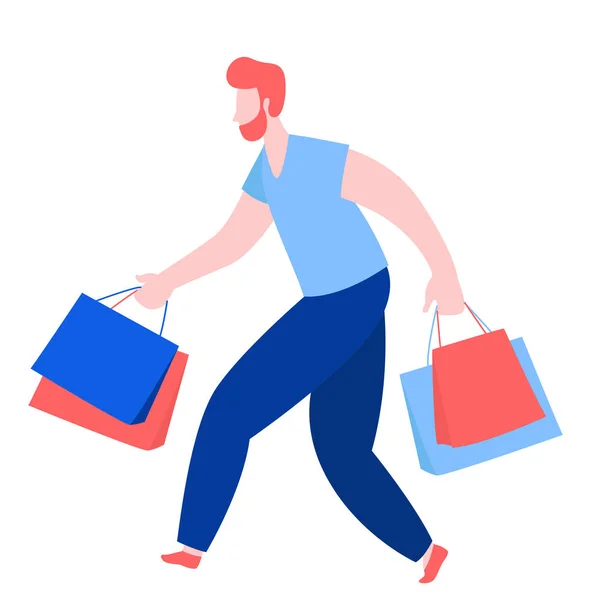 Homem correndo com compra comprar sacos de papel. Desconto de venda verão — Vetor de Stock