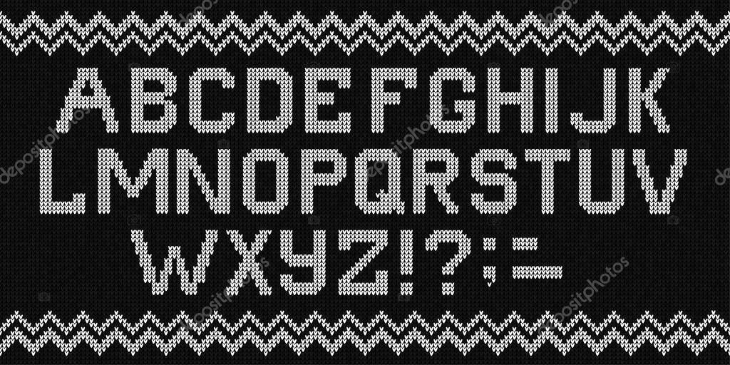 Ugly sweater Merry Christmas knit font alphabet ornament. Vector illustration Knitted background seamless pattern scandinavian dark ornament. Black and white monochrome knitting