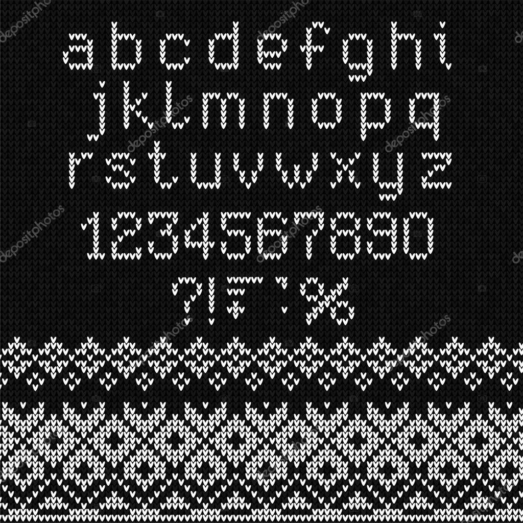 Ugly sweater Merry Christmas knit font alphabet ornament. Vector illustration Knitted background seamless pattern scandinavian dark ornament. Black and white monochrome knitting