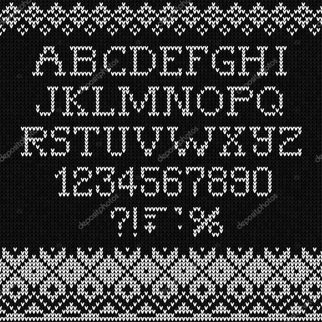 Ugly sweater Merry Christmas knit font alphabet ornament. Vector illustration Knitted background seamless pattern scandinavian dark ornament. Black and white monochrome knitting