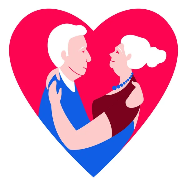 Two loving seniors man woman hugging dancing face to face. — Stock Vector
